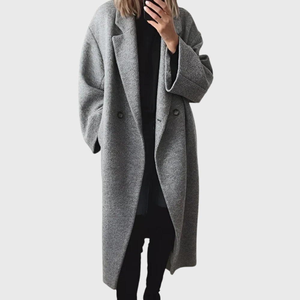 Elegant women's longline overcoat, a warm and cozy winter jacket for stylish fall & winter fashion.