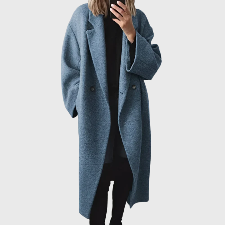 Warm women's longline winter overcoat, an elegant and cozy outerwear piece for fall and winter apparel.