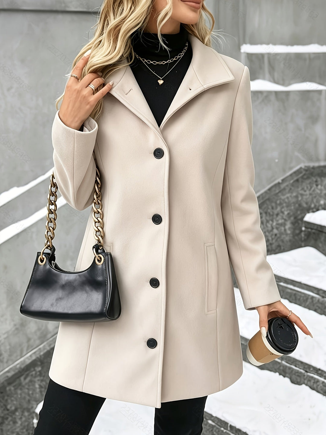 Women's single-breasted longline winter coat with notch collar, elegant cold weather office outerwear.