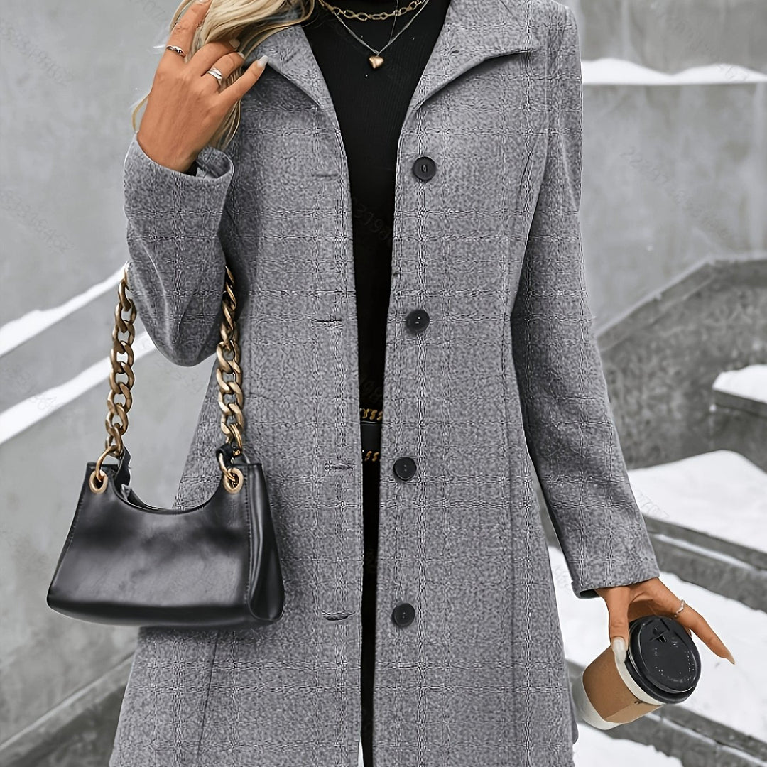 Chic women's longline winter coat, single-breasted layering piece with notch collar for fall & winter.