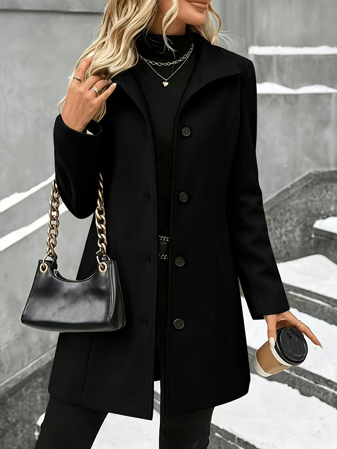 Classic single-breasted longline coat for women. Ideal for elegant office fashion & fall layering.