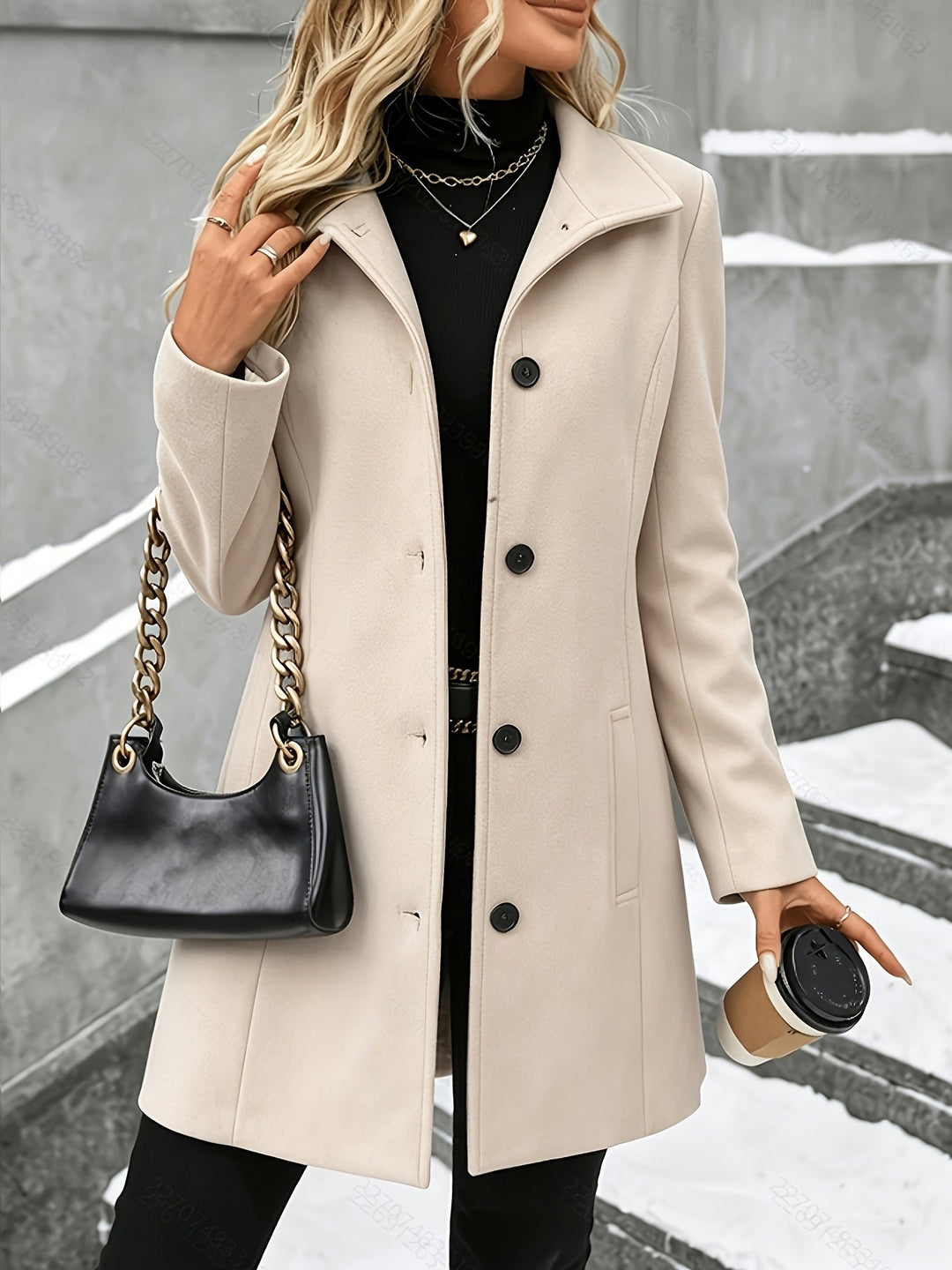 Stylish women's winter coat, longline & single-breasted, providing warmth for cold weather.