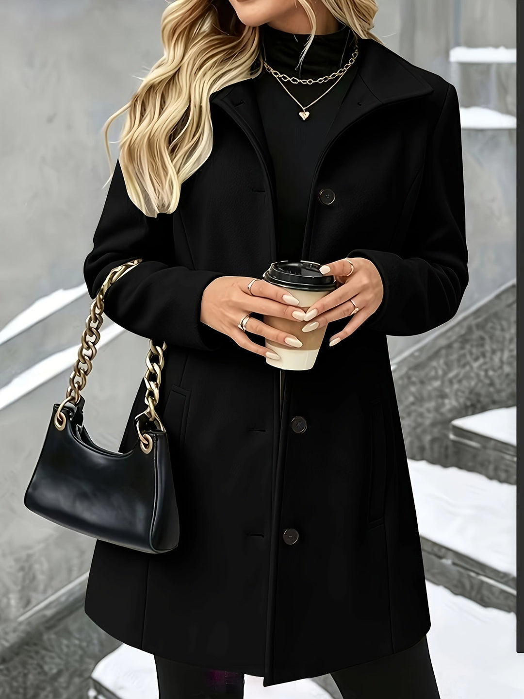 Versatile women's elegant longline winter coat, suitable for office or stylish cold weather fashion.