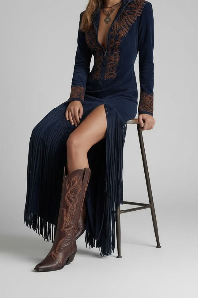 Luxurious women's fringe maxi dress, elegant for evening wear or a special occasion. Long, flowy western style.