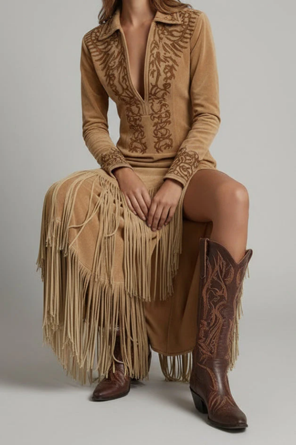 Chic women's fringe maxi dress, elegant flowy long design. Ideal western style evening or occasion dress.