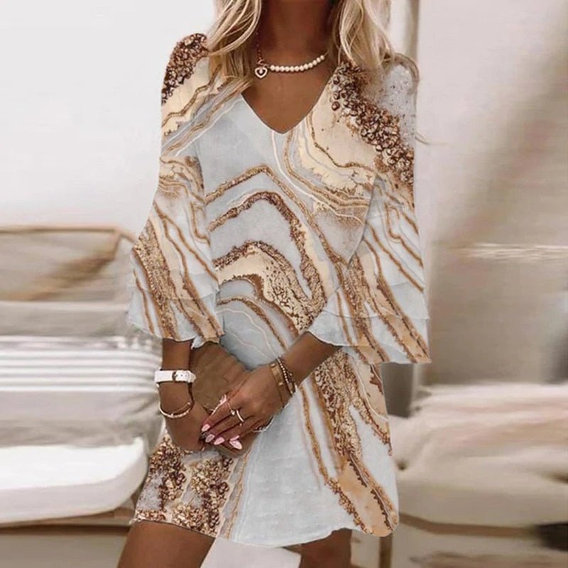 Elegant women's marble swirl print mini dress with chic flare sleeves, perfect for summer occasions.