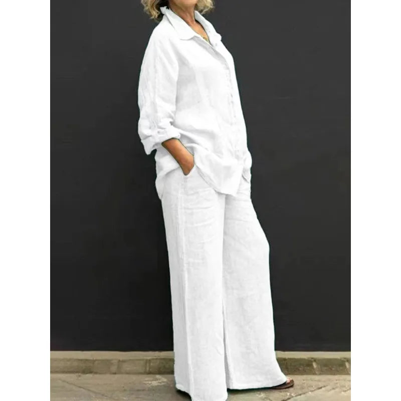 Comfortable women's lounge set: button-up shirt & wide-leg pants. Perfect casual two-piece for spring/summer.