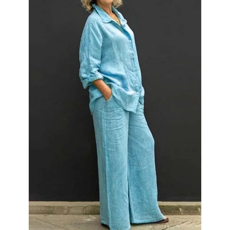 Women's chic button-up shirt with flowing wide-leg pants. Stylish two-piece set, versatile for spring & summer.