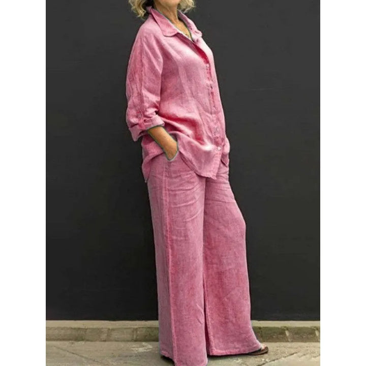 Women's elegant two-piece set: tailored button-up shirt & comfortable wide-leg pants. Flowy, chic & modern.