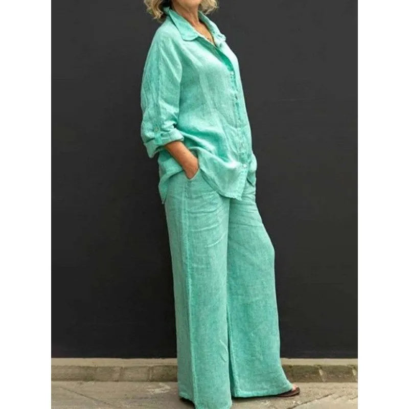 Stylish women's two-piece set: elegant button-up shirt & wide-leg pants. Perfect for a chic summer outfit.