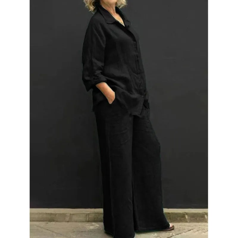 Women's casual elegant button-up shirt & wide-leg pants set. Comfortable, chic, and versatile spring fashion.
