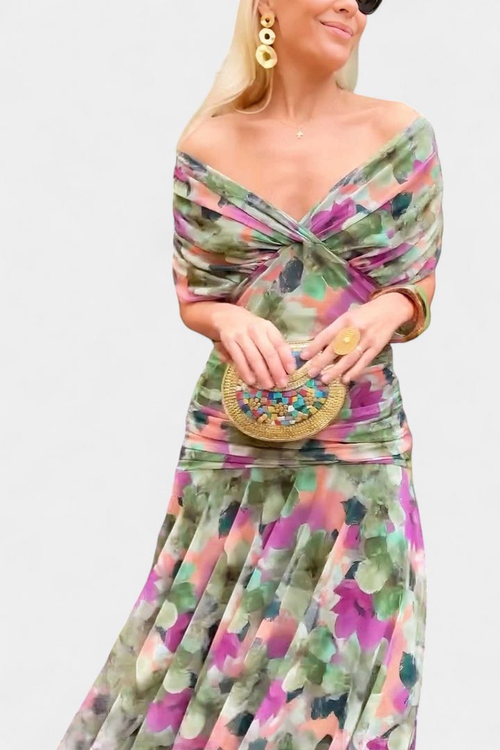 Chic women's formal gown, elegant and long, with a distinct pleated wrapped waist.