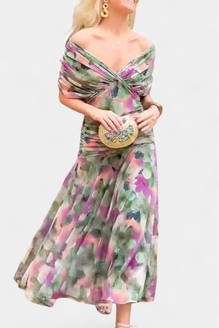 Elegant wedding guest maxi dress for women, showcasing a pleated wrapped waist detail.