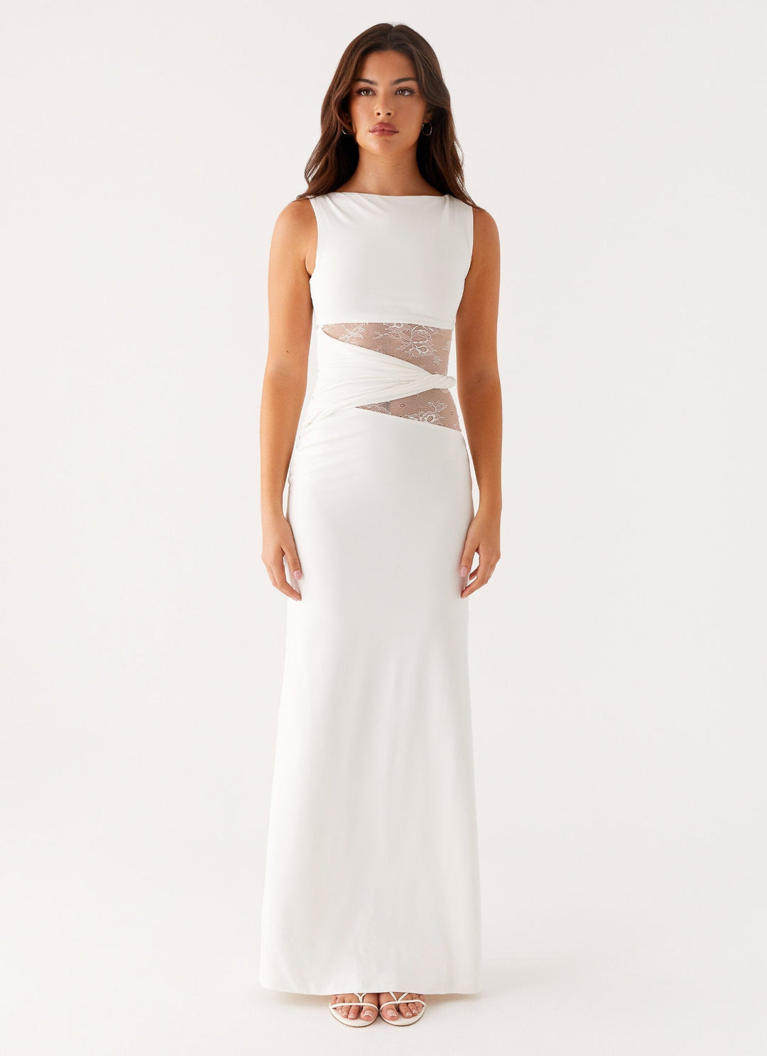 Formal women's maxi dress with elegant boat neck & lace cut-out. Perfect sleeveless evening gown for parties & special occasions.