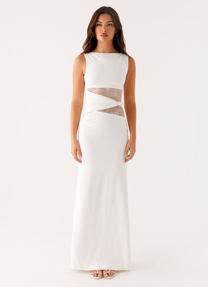 Formal women's maxi dress with elegant boat neck & lace cut-out. Perfect sleeveless evening gown for parties & special occasions.