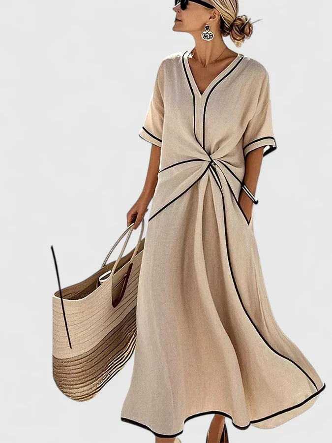 Chic women's contrast trim twist front maxi dress. Elegant A-line cut, perfect summer vacation or casual style.