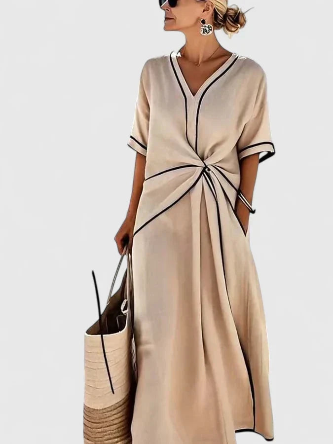 Women's elegant contrast trim twist front maxi dress, a comfortable A-line summer dress for casual or vacation.