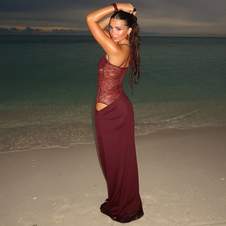 Women's elegant strap maxi dress with exquisite lace, offering a slim fit for evening party wear.