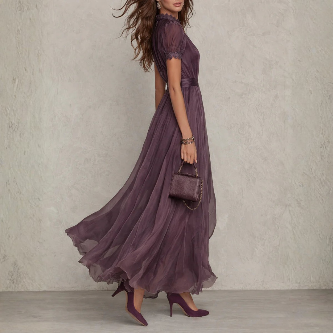 Romantic women's occasion dress; a formal maxi with delicate lace trim & graceful silhouette.