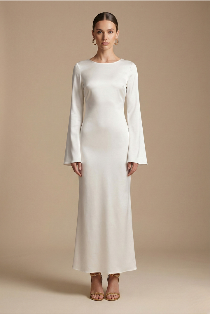 Elegant women's maxi dress with flare sleeves & round neck, perfect for formal occasions & evening wear.