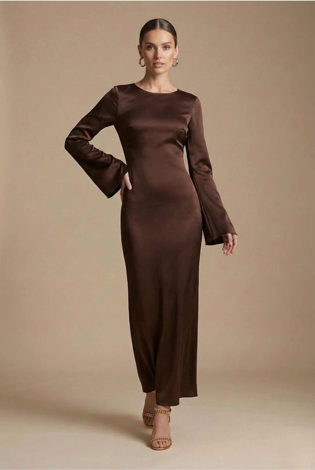 Floor-length women's evening gown, elegant column silhouette with stylish flare sleeves and a classic round neck.
