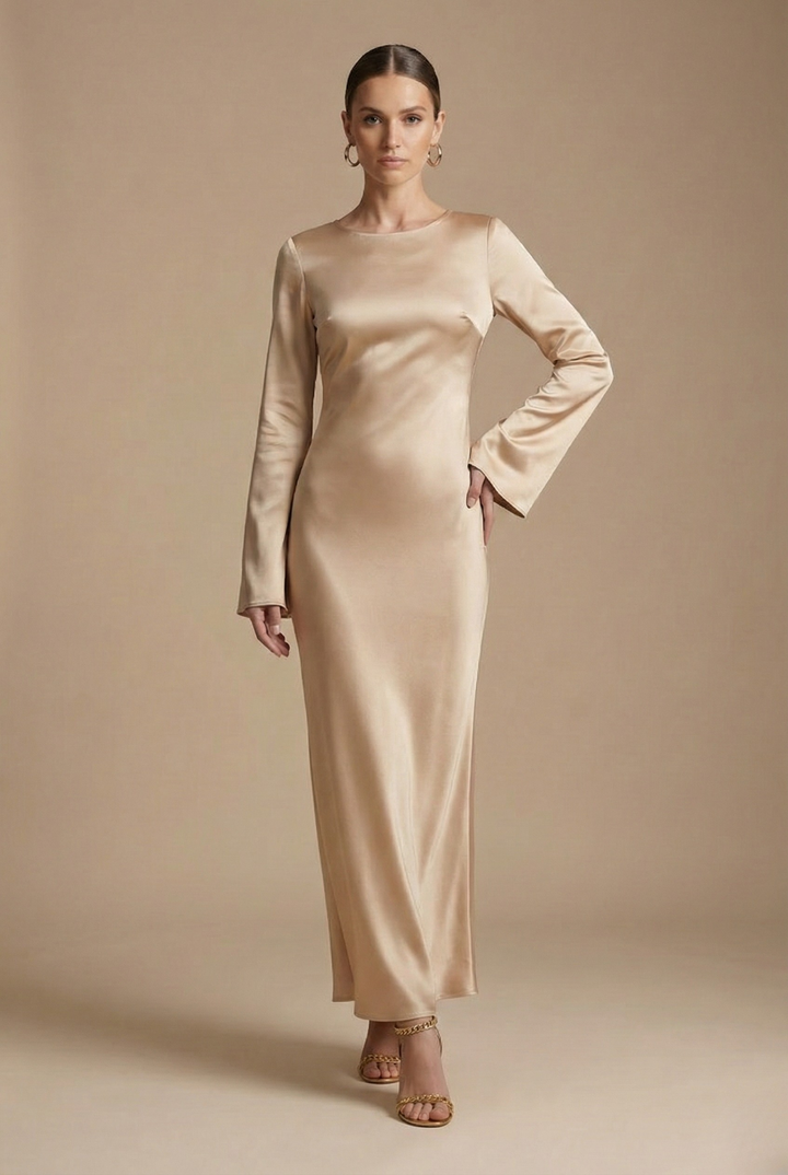 Chic women's special occasion maxi dress. Elegant flare sleeves & round neck define this beautiful column dress.