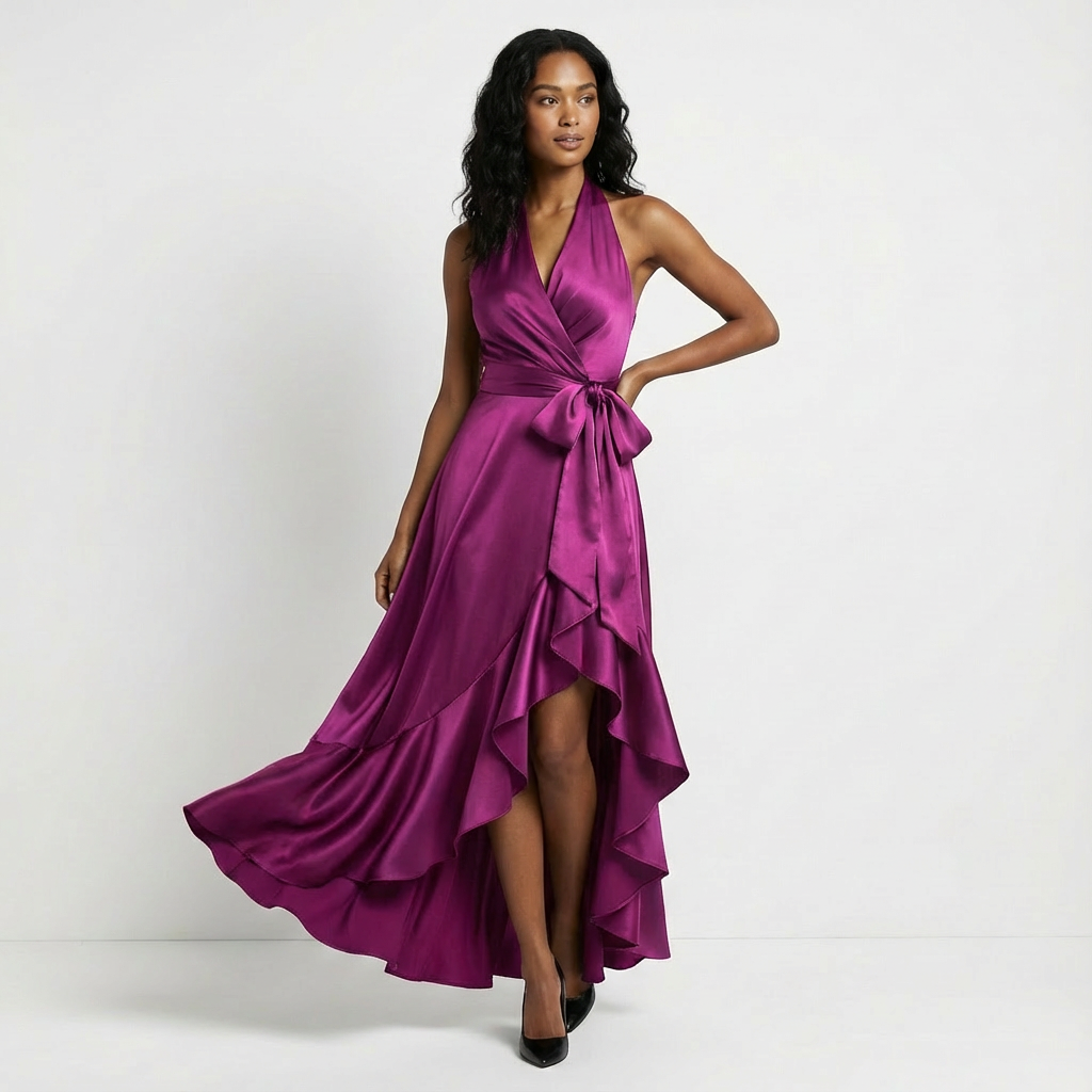 Elegant women's maxi wedding guest dress with a flattering tie-waist, perfect for formal celebrations.