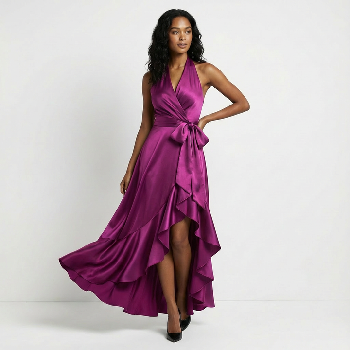 Elegant women's maxi wedding guest dress with a flattering tie-waist, perfect for formal celebrations.