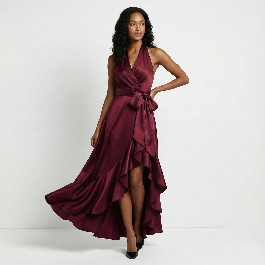 Sophisticated long formal gown for women, ideal for wedding guests & evening events. Features tie-waist.