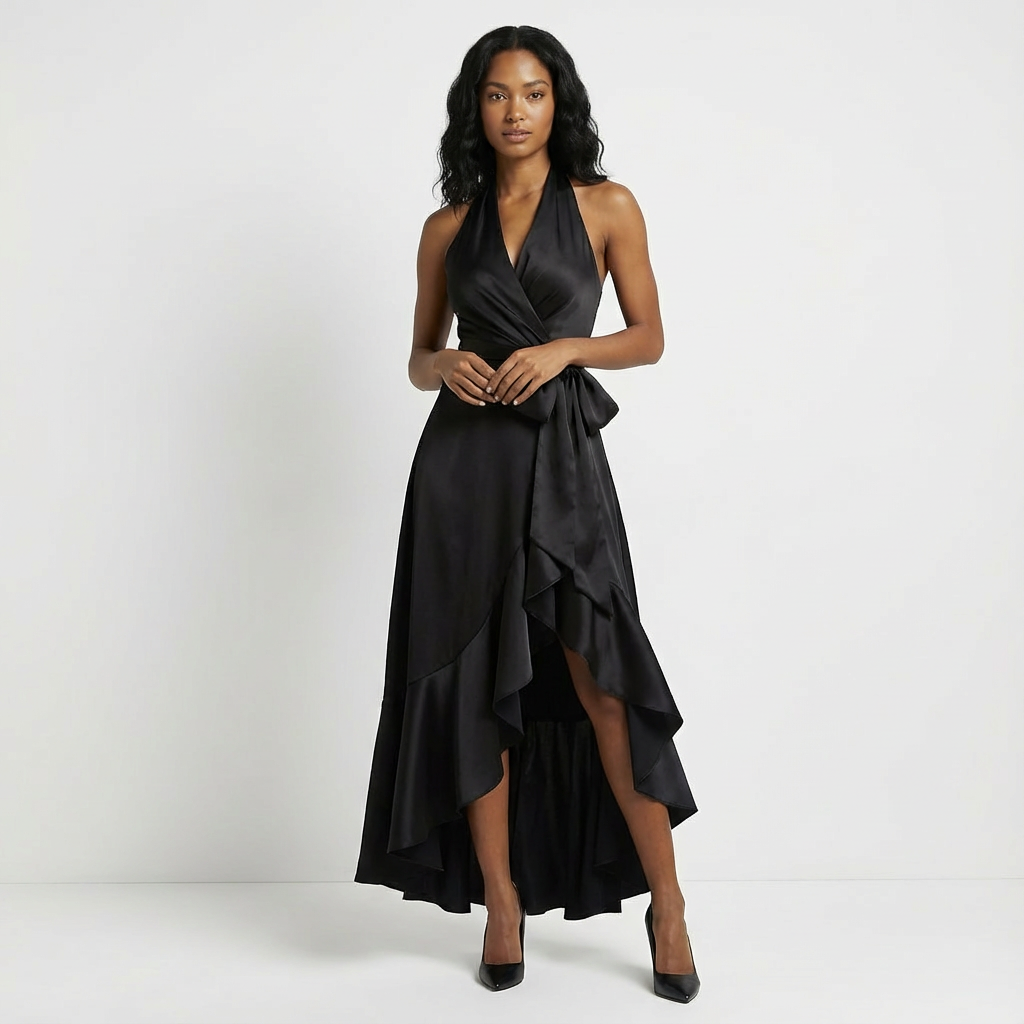 Women's elegant maxi dress, perfect as a wedding guest outfit or special occasion party dress. Tie-waist detail.