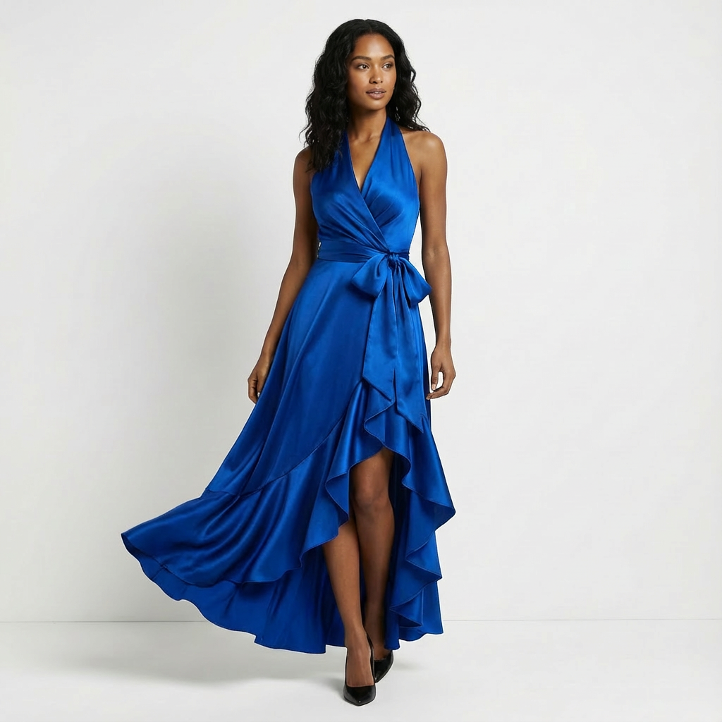 Beautiful women's formal maxi dress with a tie-waist, designed for wedding guests and evening wear.