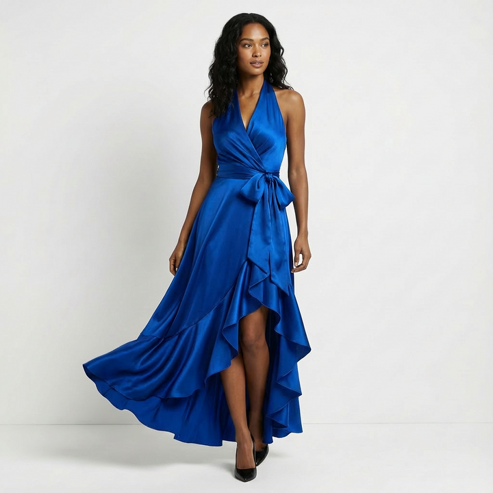 Beautiful women's formal maxi dress with a tie-waist, designed for wedding guests and evening wear.