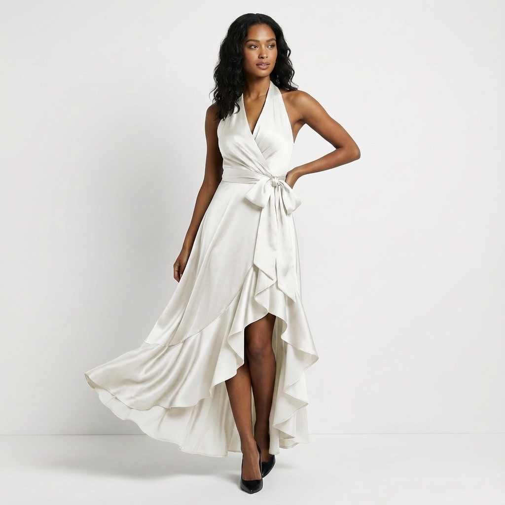 Stylish women's celebration dress; an elegant maxi gown with tie-waist, suitable for any formal event.