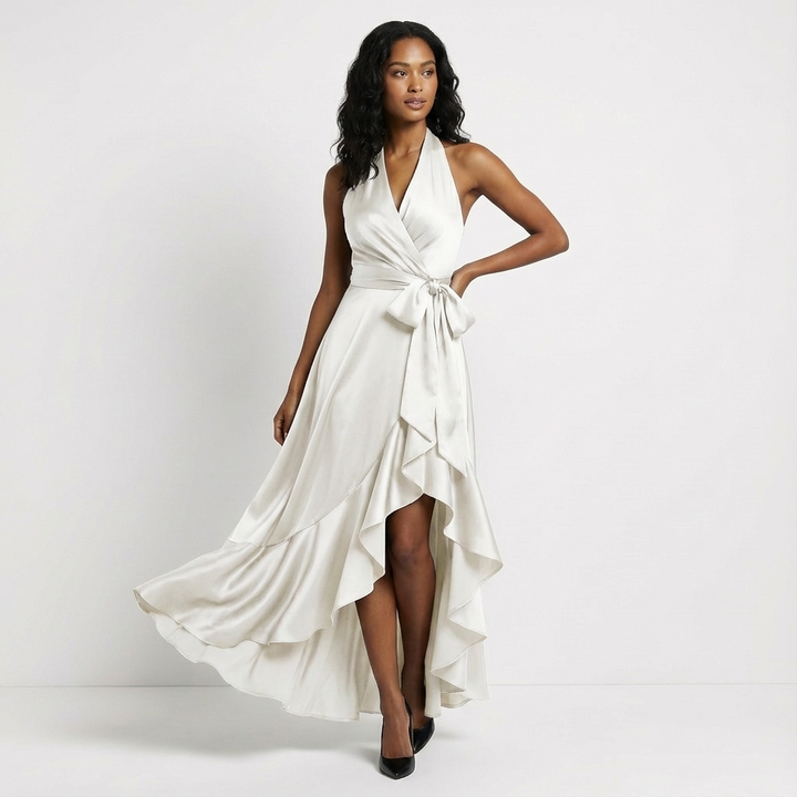 Stylish women's celebration dress; an elegant maxi gown with tie-waist, suitable for any formal event.