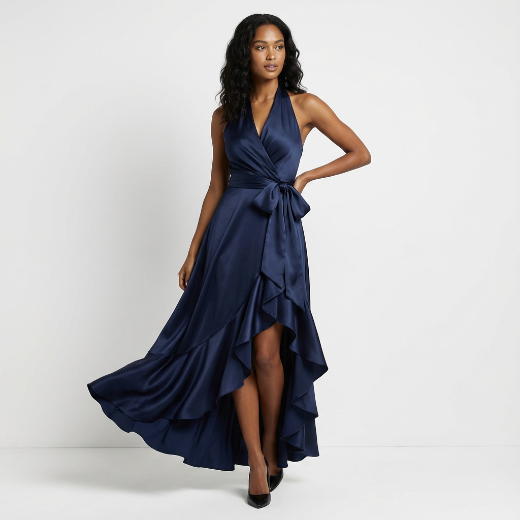 Chic women's formal party dress, a long elegant maxi with a tie-waist, ideal for special evening events.