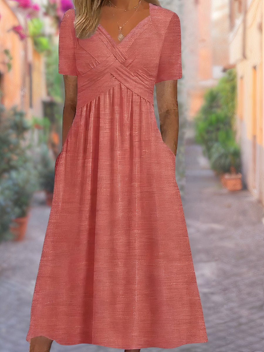 Lightweight women's midi dress, V-neck, crisscross bodice. A versatile and comfortable summer fashion staple.