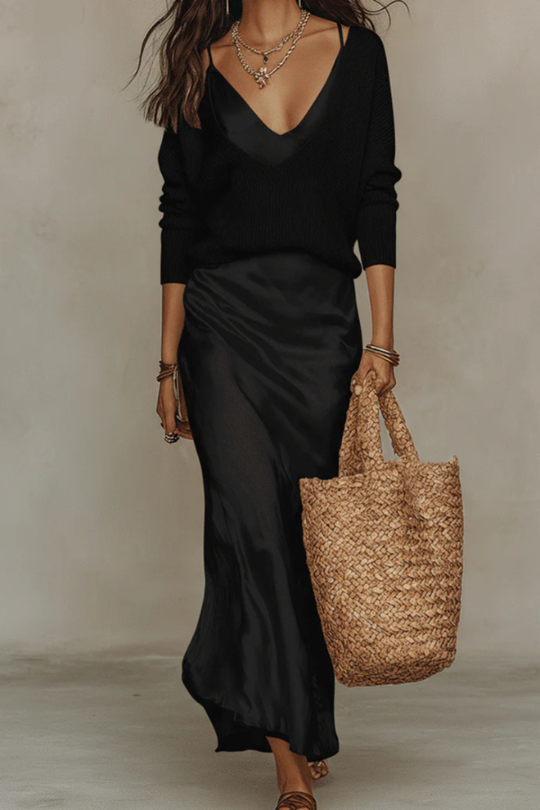 Sophisticated women's midi dress and sweater set, designed for elegant transitions from day to evening wear.