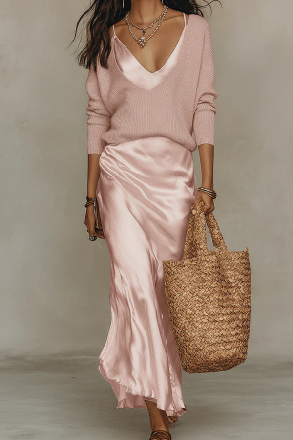 Modern women's midi dress & sweater set, a stylish two-piece outfit for a refined and contemporary look.