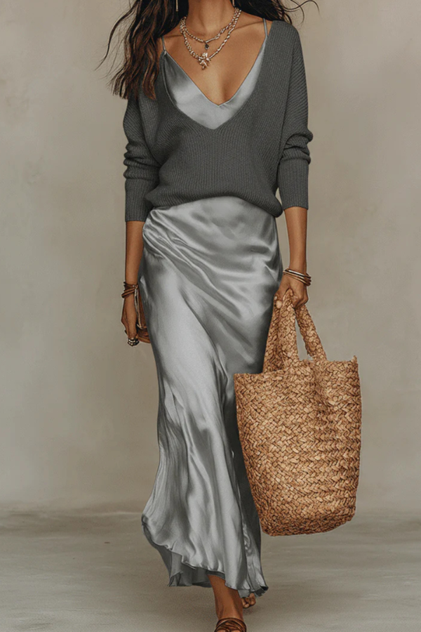 Comfortable & elegant women's midi dress and sweater set, perfect coordinated outfit for stylish everyday wear.