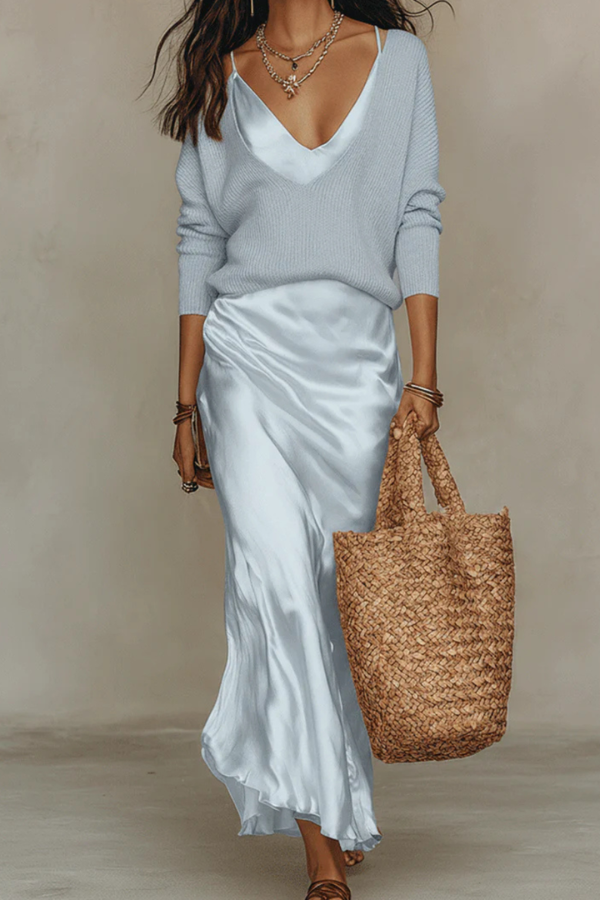Versatile women's midi dress and sweater set, an elegant two-piece ensemble for year-round sophisticated style.