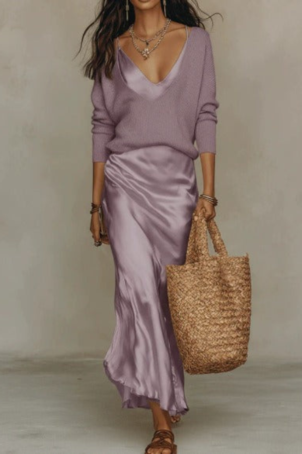 Elegant women's midi dress and sweater set, offering a chic blend of professional and casual sophisticated style.