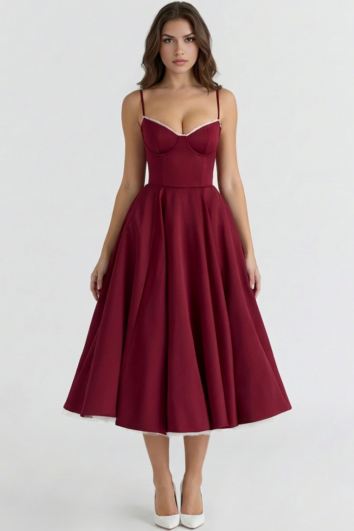 Feminine elegant women's midi dress, ideal celebration or party dress with a sophisticated look.