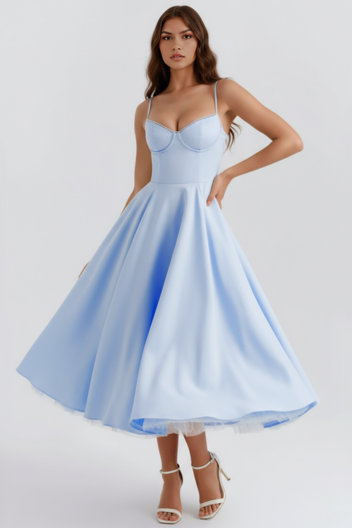 Sophisticated women's celebration midi dress, versatile for cocktail parties or evening events.