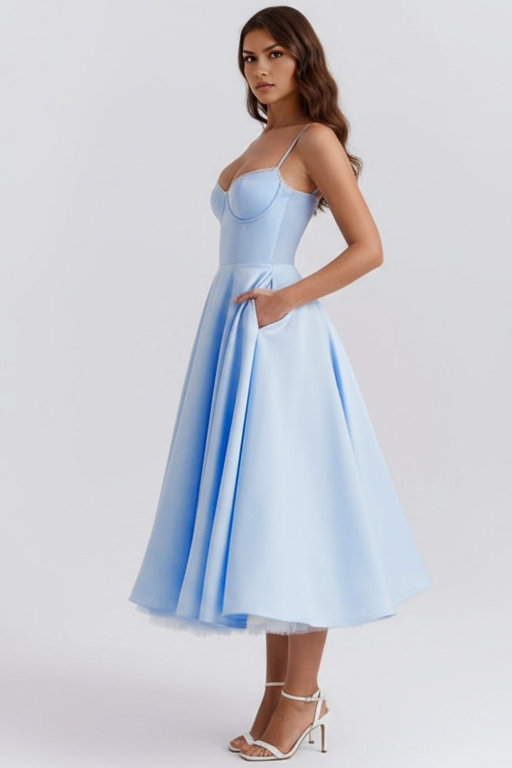 Women's flattering midi dress in an elegant style, perfect for celebrations, cocktail or evening wear.