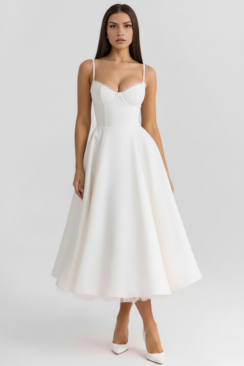 Sophisticated women's cocktail midi dress, flattering fit for elegant parties & special celebrations.