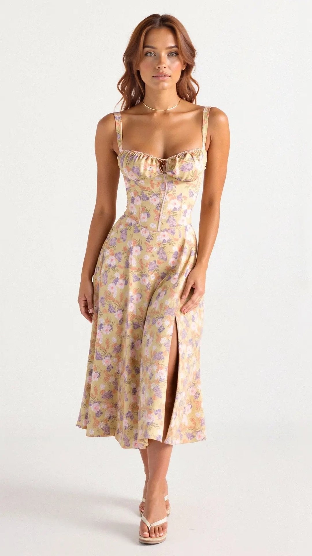 Elegant women's midi dress with a flattering corset bodice, sweetheart neckline, and a stylish side slit design.