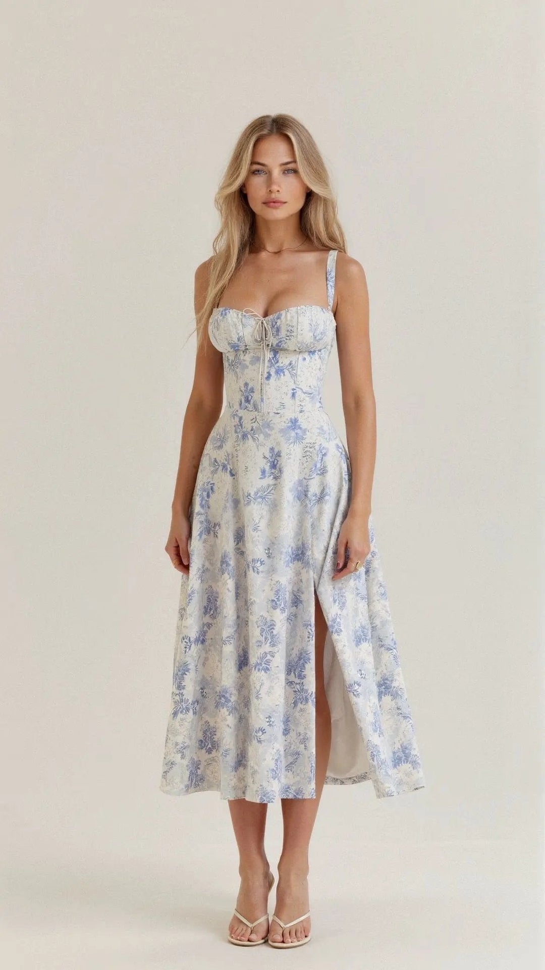 Fashionable women's summer midi dress with a sweetheart neckline, corset bodice, and a graceful high side slit.