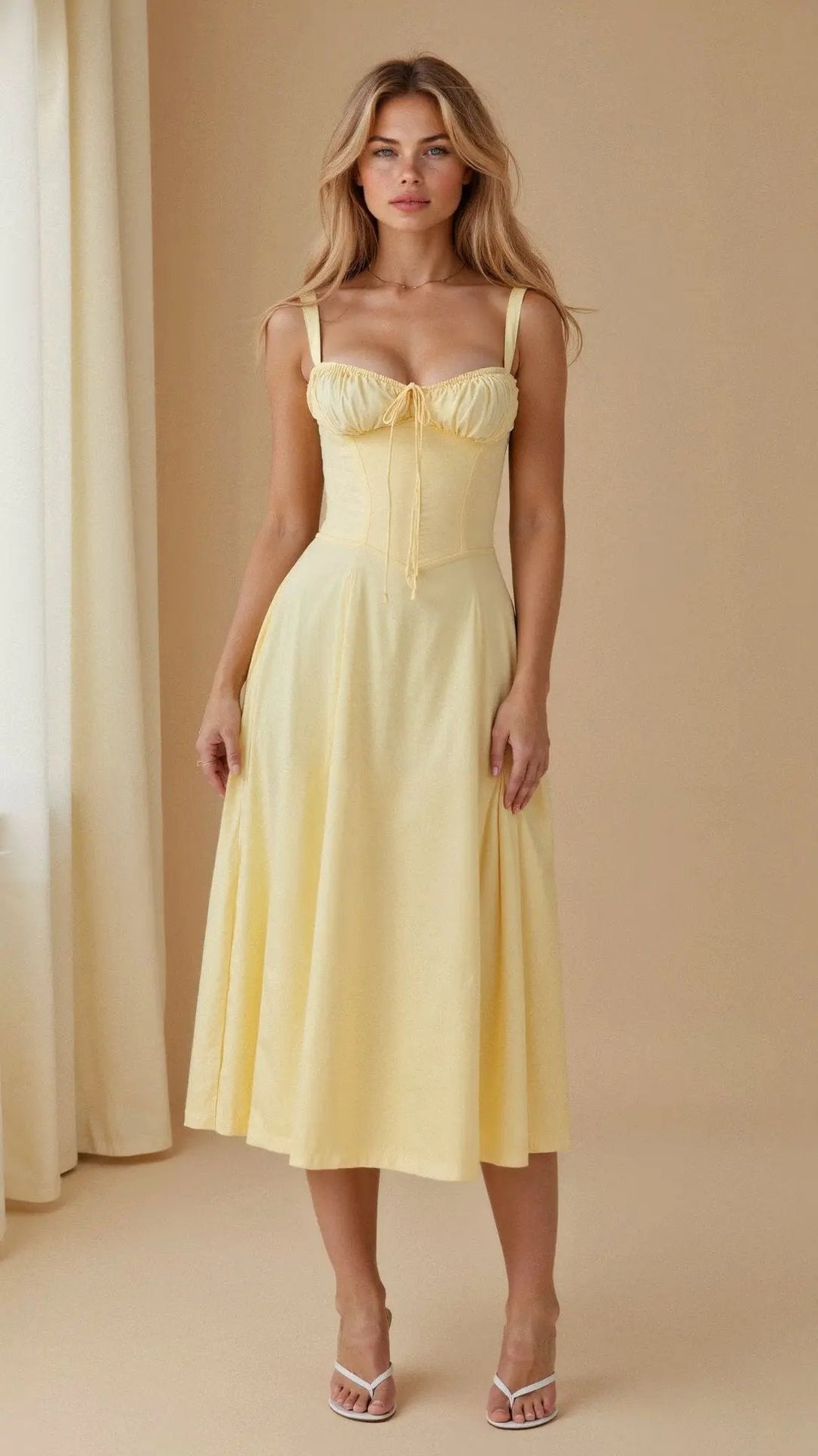 Stylish women's midi dress with a structured corset bodice, adjustable spaghetti straps, and a sophisticated side slit.