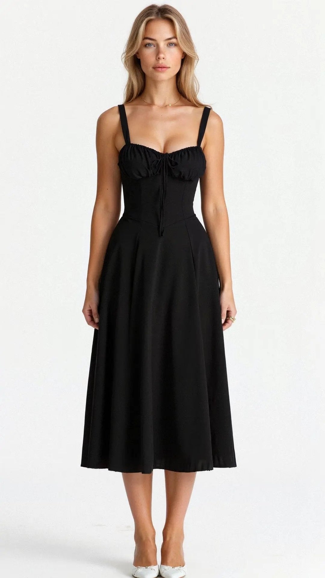 Casual yet elegant women's midi dress with a form-fitting corset bodice, adjustable straps, and a playful side slit.
