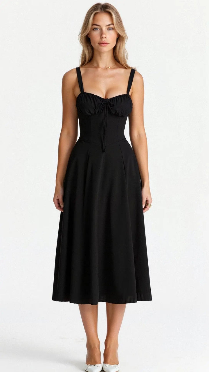 Casual yet elegant women's midi dress with a form-fitting corset bodice, adjustable straps, and a playful side slit.